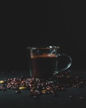 Assorted coffee shop drinks including Arabic coffee, espresso shots, latte art b Fotos de archivo