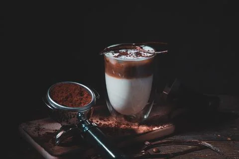 Assorted coffee shop drinks including Arabic coffee, espresso shots, latte art Fotos de archivo