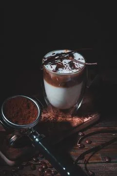 Assorted coffee shop drinks including Arabic coffee, espresso shots, latte art Stock Photos