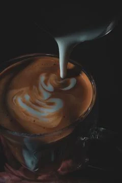 Assorted coffee shop drinks including Arabic coffee, espresso shots, latte art Stock Photos