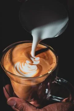 Assorted coffee shop drinks including Arabic coffee, espresso shots, latte art Stock Photos