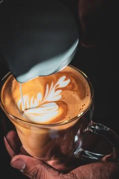 Assorted coffee shop drinks including Arabic coffee, espresso shots, latte art Stock Photos