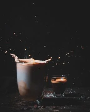 Assorted coffee shop drinks including Arabic coffee, espresso shots, latte art b Stock Photos