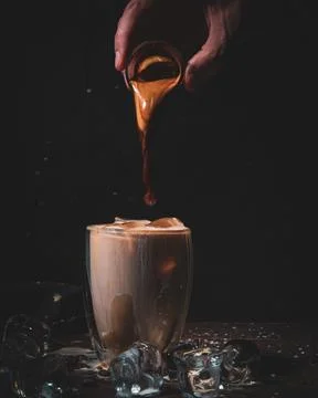 Assorted coffee shop drinks including Arabic coffee, espresso shots, latte art b Stock Photos