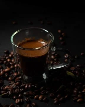 Assorted coffee shop drinks including Arabic coffee, espresso shots, latte art b Stock Photos