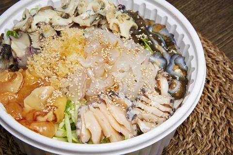 Assorted Cold Raw Fish Soup Stock Photos