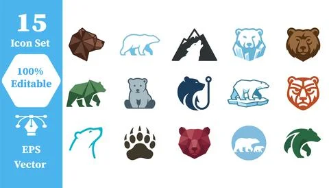 Assorted collection of 15 bear and wildlife related icons with wildlife Stock Illustration