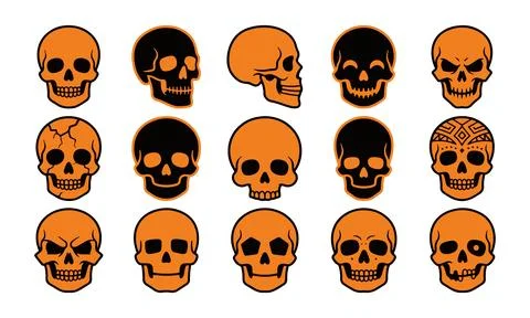 Assorted collection of human skull icons with various expressions Stock Illustration