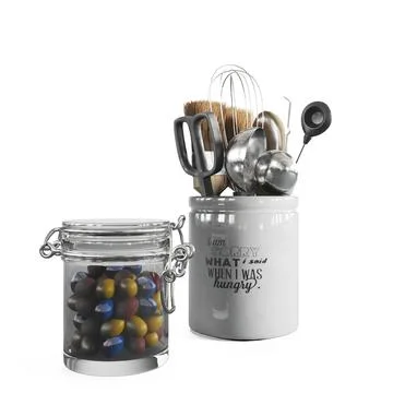 Assorted collection of kitchen tools and utensils, and colored candy in a glass イラスト素材