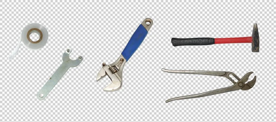 Assorted collection of manual hand tools and plumbing hardware Stock Photos