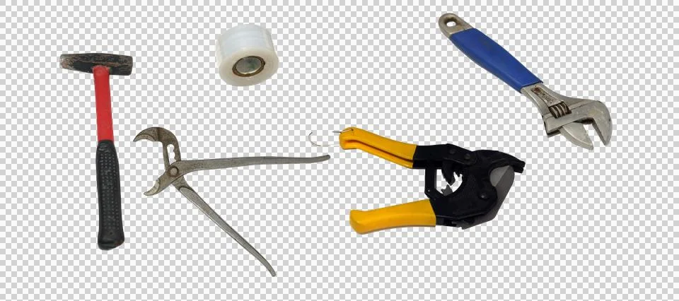 Assorted collection of manual hand tools and plumbing hardware Stock Photos