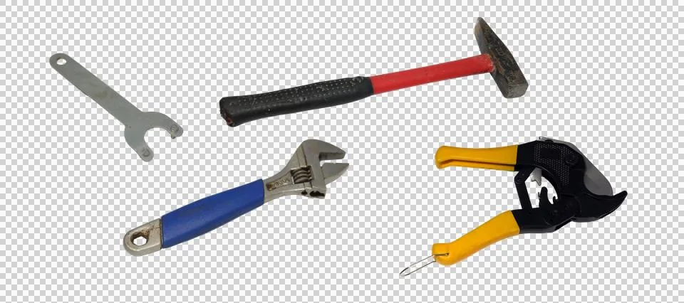 Assorted collection of manual hand tools and plumbing hardware Stock Photos
