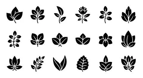 Assorted collection of various flower and plant icons in black and white Stock Illustration