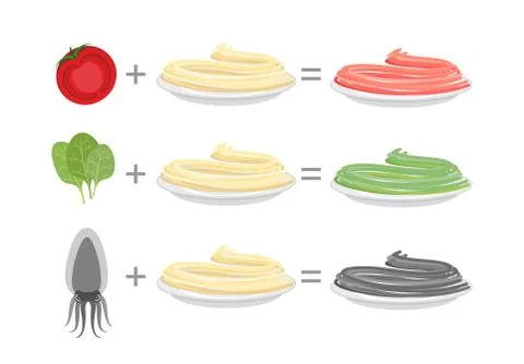 Assorted color pasta. Spaghetti and spinach-green paste. Spaghetti and tomato Stock Illustration