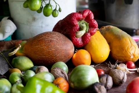 Assorted colored vegetables and nuts Stock Photos