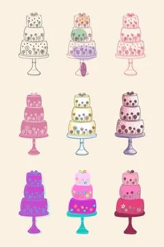 Assorted colorful cakes spread out on a white Stock Illustration