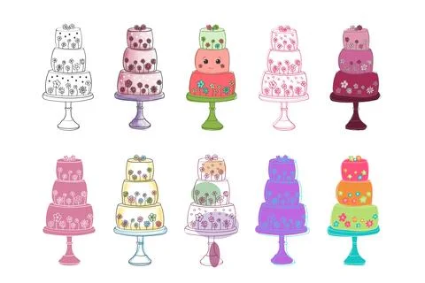 Assorted colorful cakes on white background Stock Illustration