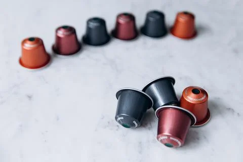 Assorted colorful capsules for coffee machine Stock Photos