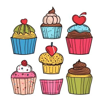 Assorted colorful cupcakes illustration featuring different toppings. Cupcakes Stock Illustration