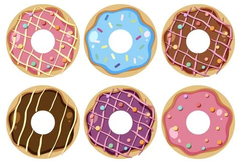 Assorted Colorful Donuts with Icing and Sprinkles Top View Stock Illustration