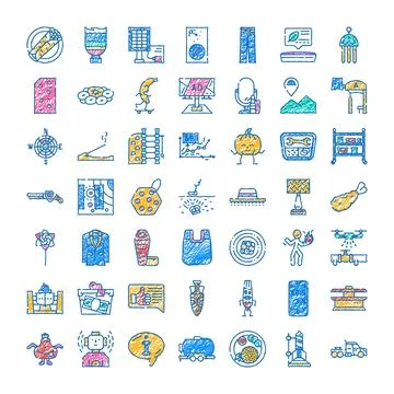 Assorted colorful doodle icons representing various concepts and objects Stock Illustration