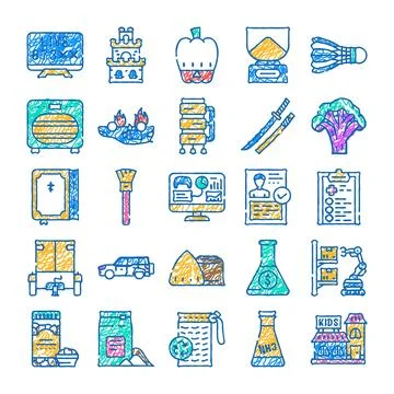 Assorted colorful icons representing diverse everyday objects and concepts Stock Illustration