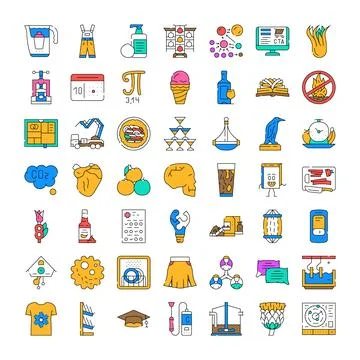 Assorted colorful linear icons representing daily objects Stock Illustration