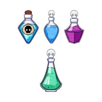 Assorted colorful magic potions and poison bottles Stock Illustration