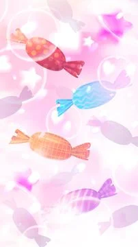 Assorted colorful wrapped candies with patterns floating on a pink dreamy bac イラスト素材