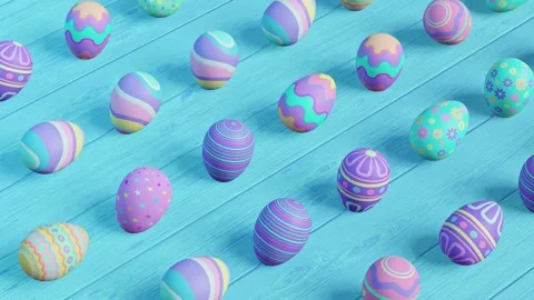 Assorted colourful Easter eggs on a vibrant turquoise wooden Stock Footage 264141166