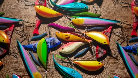 Assorted colourful fish bites. Set of wobblers. Lures and fish-hooks for angling Stock Footage 145767059
