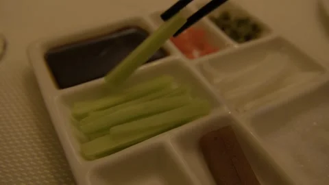 Assorted Condiments and Fresh Vegetables Served in Divided Dish at Beijing Stock Footage 345783397