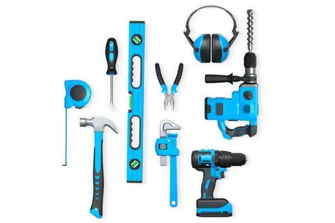 Assorted construction tools including drill, hammer, tape, wrench, and earm.. Stock Illustration