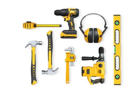 Assorted construction tools including drill, hammer, tape, wrench, and earmuffs Stock Illustration
