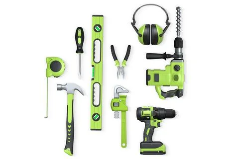 Assorted construction tools including drill, hammer, tape, wrench, and earm.. Stock Illustration