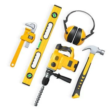 Assorted construction tools including drill, hammer, tape, wrench, and earmuf Stock Illustration