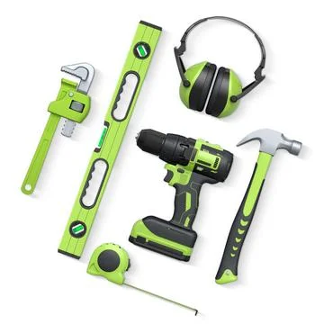Assorted construction tools including drill, hammer, tape, wrench, and earmuf Stock Illustration