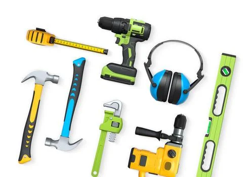 Assorted construction tools including drill, hammer, tape, wrench, and earmuffs Stock Illustration