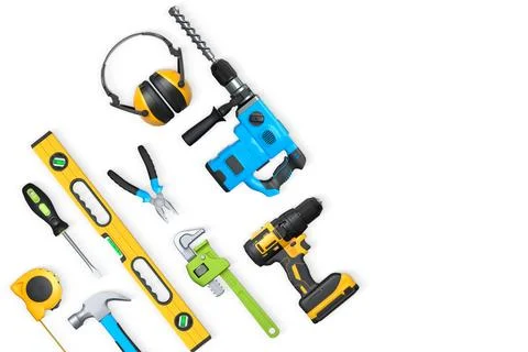 Assorted construction tools including drill, hammer, tape, wrench, and earmuf Stock Illustration