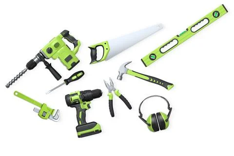 Assorted construction tools including drill, saw, pliers, and headphones on.. Stock Illustration