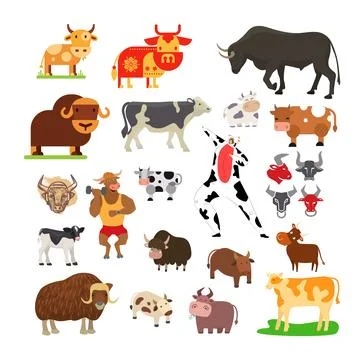 Assorted cow breeds styles including cartoon realistic representations. Bovine Stock Illustration