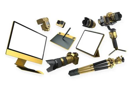 Assorted creative tech and photo gear isolated on white background, concept o Stock Illustration