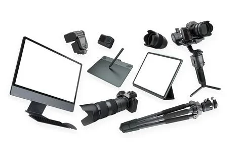 Assorted creative tech and photo gear isolated on white background, concept o Stock Photos