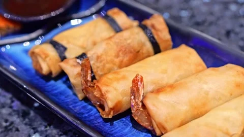 Assorted Crispy Spring Rolls with Shrimp and Vegetable Fillings Stock Footage 345221004