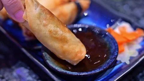 Assorted Crispy Spring Rolls with Shrimp and Vegetable Fillings Stock Footage 345222777