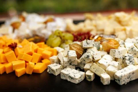 Assorted cubed cheeses with grapes and dried fruit on tray Stock Photos