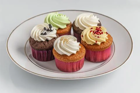 Assorted cupcaces on white plate Foto stock