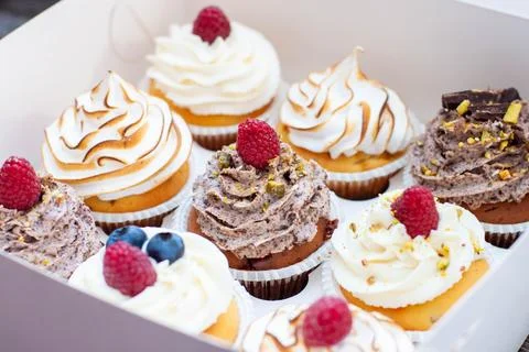 Assorted cupcakes in gift box with chocolate, vanilla and oreo cream, whipped Stock Photos