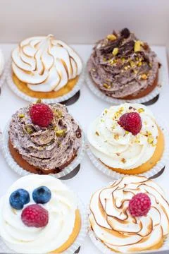 Assorted cupcakes in gift box with chocolate, vanilla and oreo cream, whipped Stock Photos