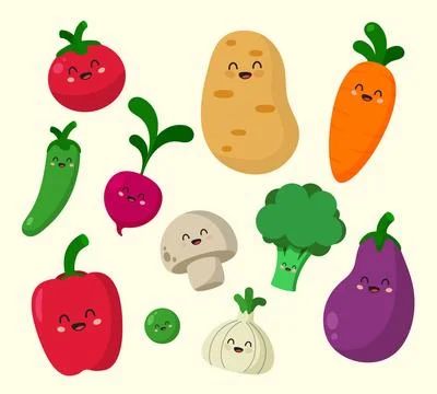 Assorted Cute Funny Vegetables Characters Assorted Cute Funny Vegetables C... Foto stock